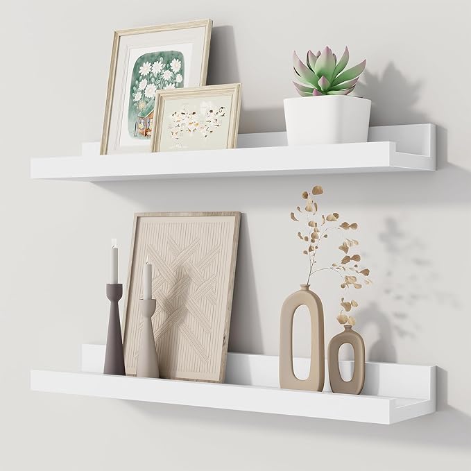 Fun Memories Floating Picture Ledge Shelves, Wall Mounted Wood Storage Shelf for Bedroom, Living Room, Bathroom, Kitchen, Nursery, Display Picture Ledge Shelf Set of 2-16 Inches, White