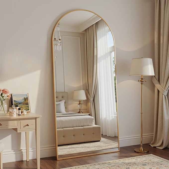 Full Length Mirror, 71"x27" Arched Floor Mirror Freestanding, Floor Standing Full Body Mirror with Stand for Bedroom, Hanging Mounted for Living Room Cloakroom, Gold