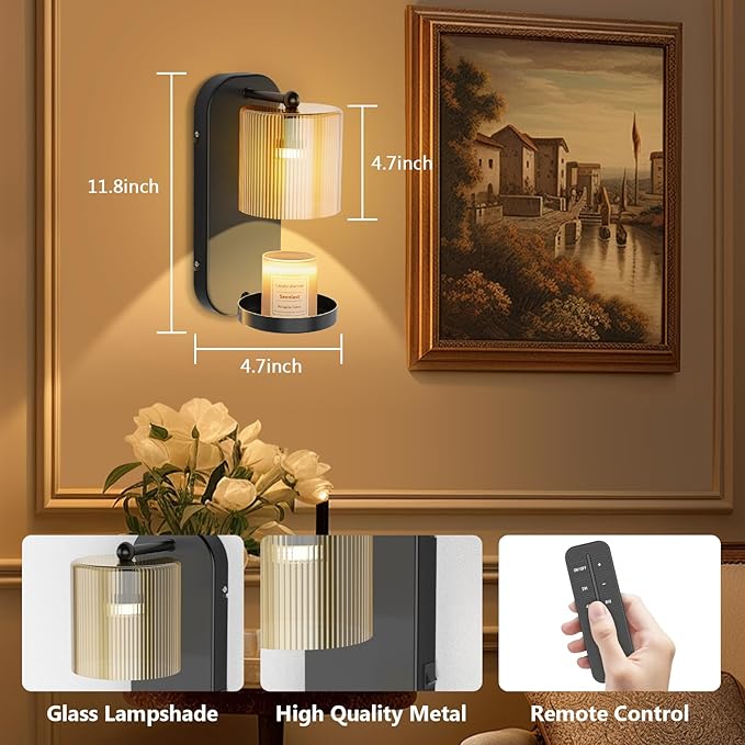 Wall Mounted Candle Warmer Lamp with Remote Control, Timer & Dimmer, Flameless Wax Melt Warmer for Jar Candles, Metal Wall Sconce for Home Fragrance & Decorative Lighting