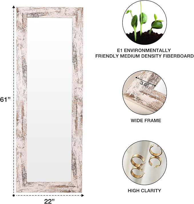 Syndra Farmhouse Full Length Mirror 61x22'', Rustic Floor Mirror, Large Dressing Mirror for Bedroom, Bathroom, Living Room, Vintage Solid Wood Frame, Wall Mounted or Leaning Against Wall Decor