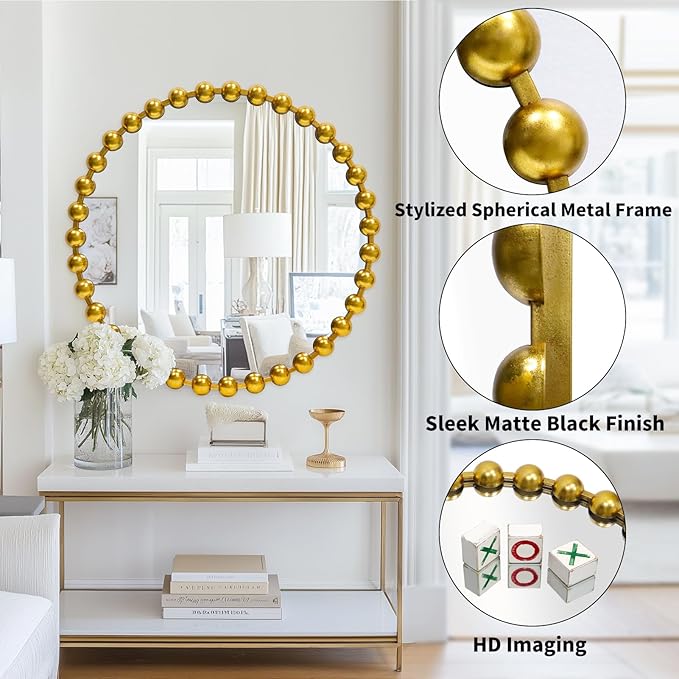 Round Gold Mirror 30'', Beaded Mirror for Wall Decor Large Circle Mirror for Bathroom, Dining Roon, Bed Room, Entryway