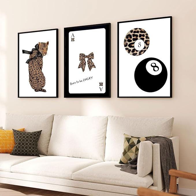 Set of 3 Trendy 8 Ball Leopard Wall Art Ace Card Bow Wall Decor Pictures Funky Born To Be Lucky Posters Prints Preppy Aesthetic Cheetah Room Decor for Girls Bedroom Apartment Dorm Unframed 12x16in