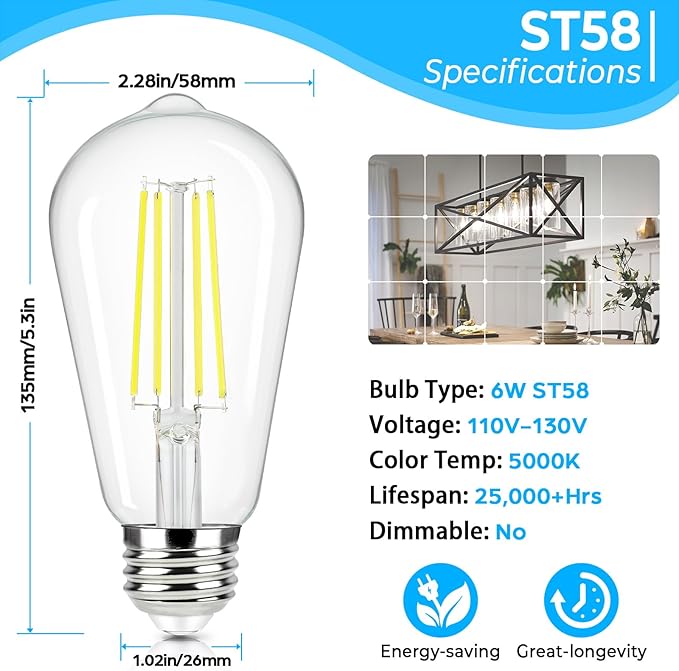 Brightever 4-Pack Vintage LED Edison Bulbs 60W Equivalent, 6W ST58 5000K Daylight White Antique LED Filament Bulbs, E26 Medium Base, Clear Glass Style for Home and Commercial, Non-dimmable