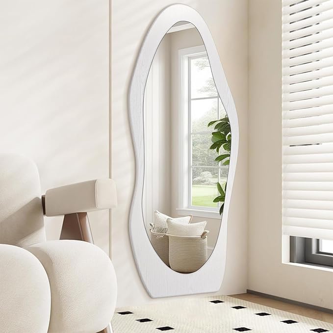 Wavy Mirror Wooden 59" x 24" Floor Mirror Full Length White Irregular Full Body Mirrors for Bedroom Cloakroom Living Room Entryway Hall