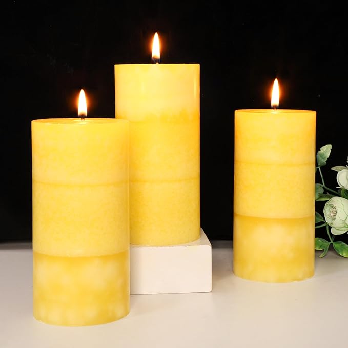 3 x 6 Inches Pillar Candles Lemon Scented Yellow Decorative Rustic Candles Citrus Scent Clean Burning Hand-Poured Large Candles Decorative for Home Aesthetic Relax Spa Bathroom