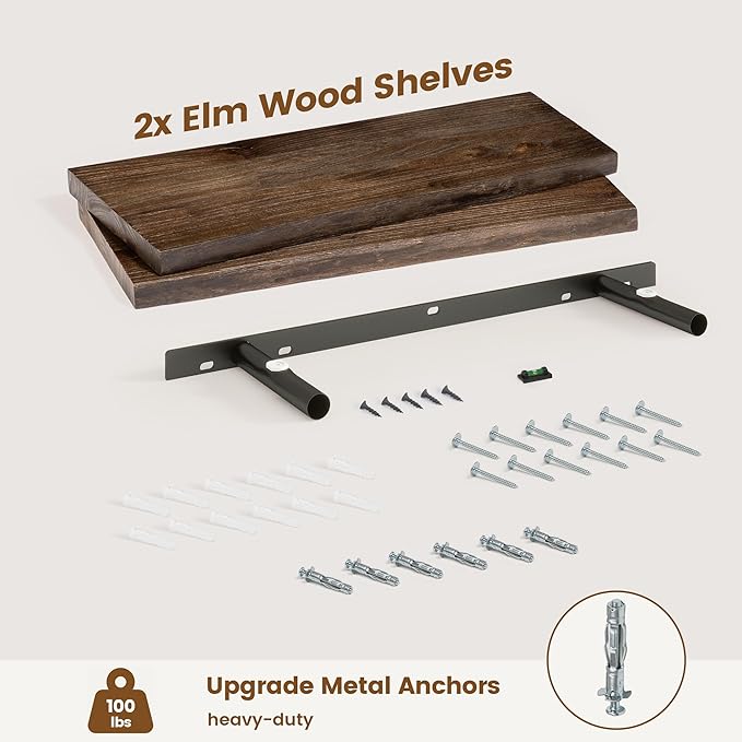 Venusmiles Live Edge Elm Floating Shelves for Wall Decor, Rustic Solid Wood Shevles Wall Mounted with Invisible Bracket for Living Room Bathroom Bedroom Kitchen, 24 Inch Set of 2, Walnut