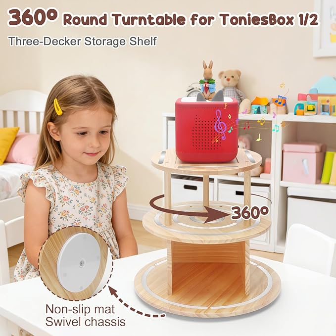 360° Rotating Storage Shelf for Toniebox1/2, 3-Tier Organizer Holder for 30~40 Tonies Figures, Wooden Magnetic Stand Display for Tonie Box + Characters + Tonieplay Game + Controller