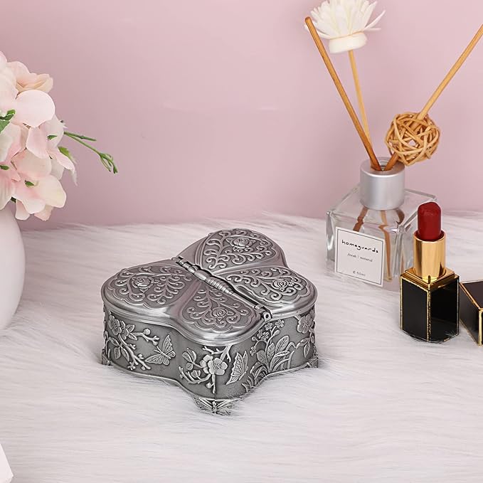 Hipiwe Vintage Metal Jewelry Box Butterfly Shape Trinket Box Decorative Metal Small Jewelry Storage Box for Rings Necklaces Earrings Organizer Keepsakes Box Gift for Women