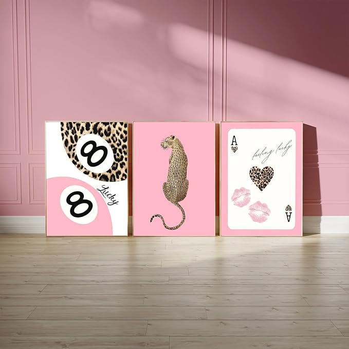 Set of 3 Trendy Pink Leopard Wall Art Cheetah Lucky 8 Ball Posters Prints Preppy Cheetah Aesthetic Wall Decor Pictures for Girly Bedroom Apartment Dorm Decoration Unframed 12x16in