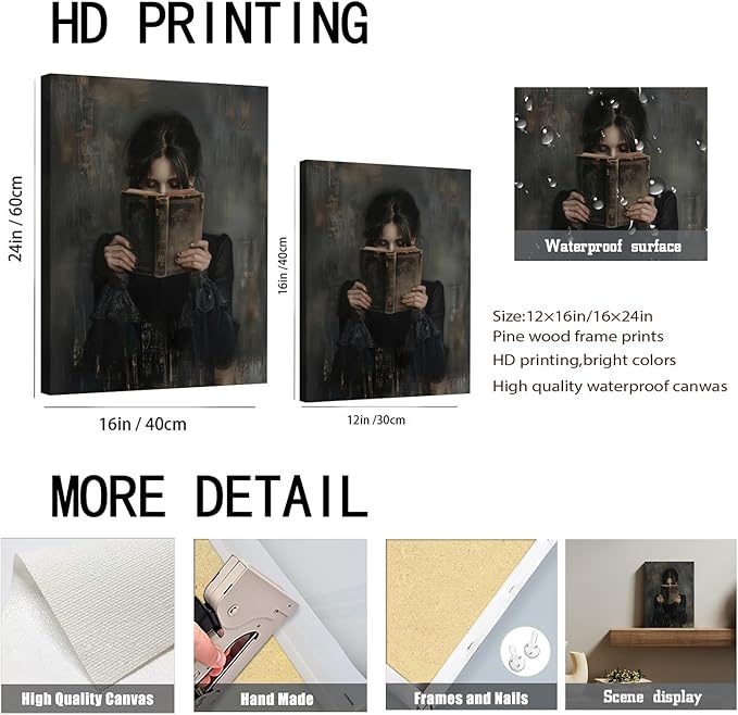 Dark Academia Book Wall Art Vintage Gothic Victorian Woman Reading Wall Decor Poster Painting Picture Moody Girl Aesthetic Canvas Print for Bedroom Living Room Dorm Library Corner 12x16Inch Framed