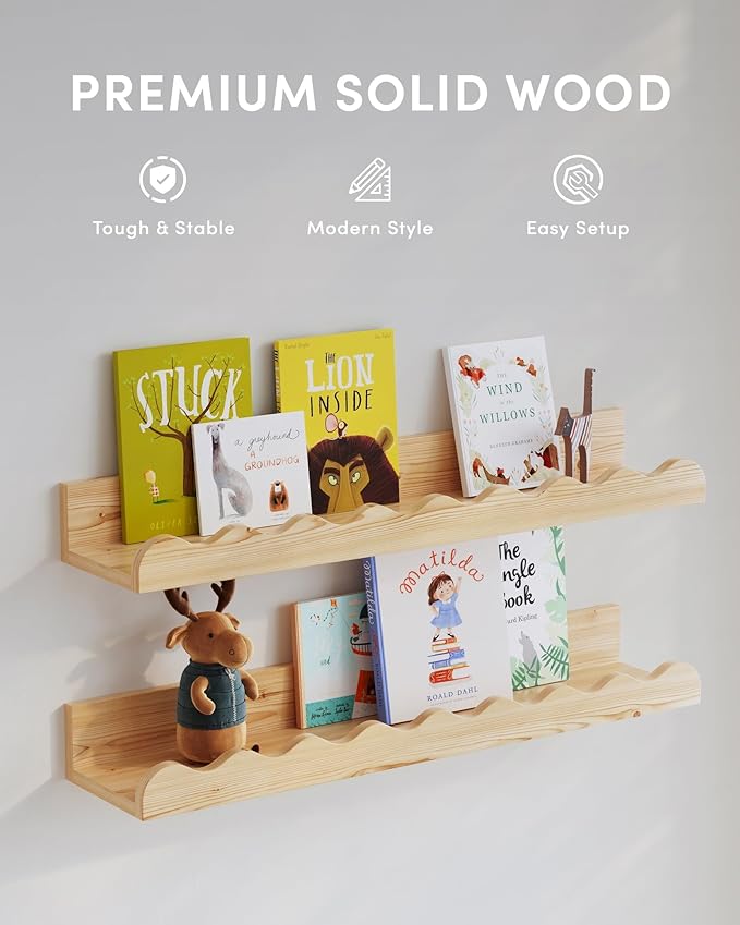 Seocry Kids' Bookshelf Set of 4 - Wood Floating Nursery Book Shelves, Picture Ledge Shelf for Wall Decor and Storage - Perfect for Books, Toys, Photo Frames, and Nursery Décor