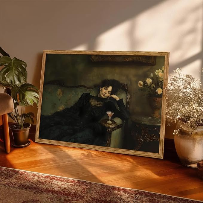 Framed Vintage Wall Art, Dark Academia Woman Martini Pictures Wall Decor, Victorian Feminine Lying on Couch Paintings Canvas Prints Moody Home Decor for Living Room Bedroom 12x16 inch