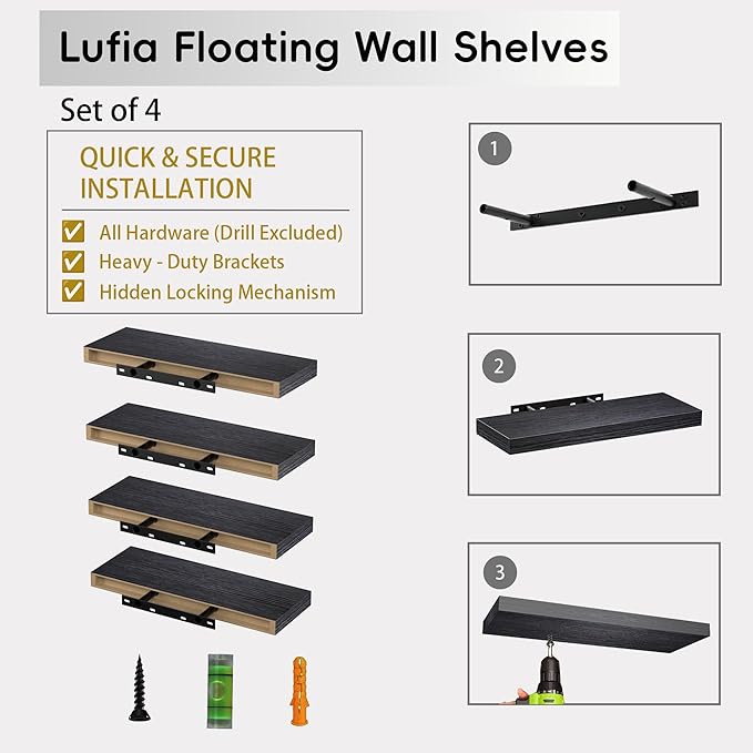 Lufia Floating Wall Shelves, Set of 4, MDF with Invisible Brackets, Modern Storage for Bedroom, Bathroom, Living Room, Kitchen (Black, 15.8" W x 5.5" D x 1.2" H)