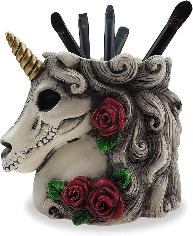 Gothic Unicorn Makeup Brush Holder Skull Gift for Women Adults Pen Organizer Halloween Decor Day Dead Goth Accessory