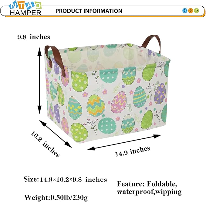 NTAOHAMPER Large ,Empty,Rectangular Colerful Eggs Basket for Boys and Girls Gift,Kids Toy Storage Bin with Hand Painted easter eggs,Baby Room Decor (Easter Basket)