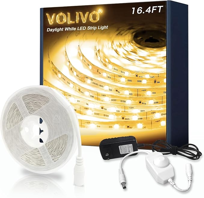 VOLIVO Warm White LED Strip, 16.4ft Dimmable LED Strip 3000K Soft Warm White, Strong Adhesive, Flexible Tape Light for Kitchen Cabinets, Bedroom