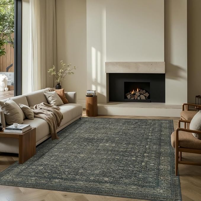 Vintage Area Rugs 5x7, Washable Rugs for Living Room, Green Boho Floral Rug for Office, Dining Room and Farmhouse, Durable Low Pile Non-Slip Area Rug for High Traffic Areas(Moss Brown)