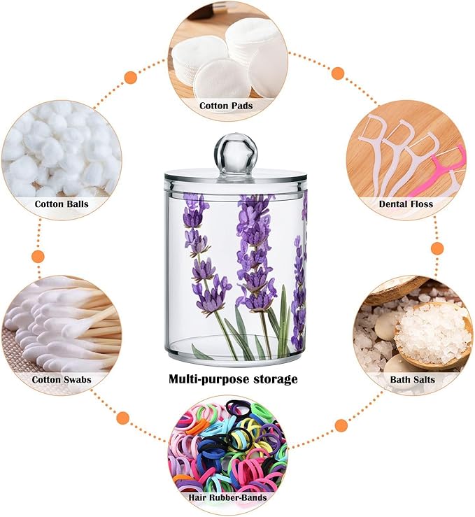 2 Pack Qtip Holder Dispenser for Cotton Ball Purple Lavender Watercolor Flower Cotton Swab Round Pads Clear Plastic Acrylic Jar Set Bathroom Canister
