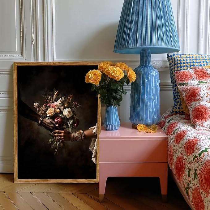 Framed Black Love Floral Wall Art, African American Couple Canvas Wall Decor Prints, Dark Romantic Holding Flowers Paintings Pictures Moody Home Decor Aesthetic for Living Room Bedroom 12x16 inch