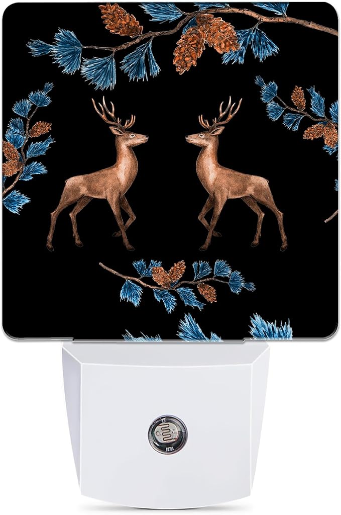 Retro Deers Night Light, Pine Branches Night Lights Plug into Wall Decor for Bedroom, Bathroom, Hallway, Kitchen, Dusk to Dawn Sensor Nightlights for Girls Women Room Gifts