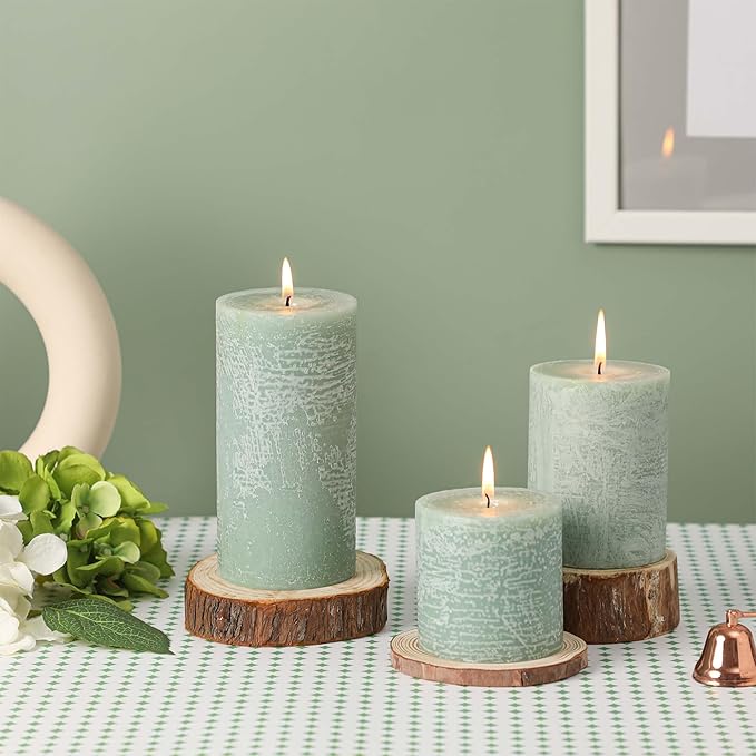 3x6 Inch Sage Green Pillar Candles Set of 3 - Unscented Spring, Long Clean Burning, Large Smokeless Dripless for Home Decor, Dinner Table, Bathroom, Rustic Decor
