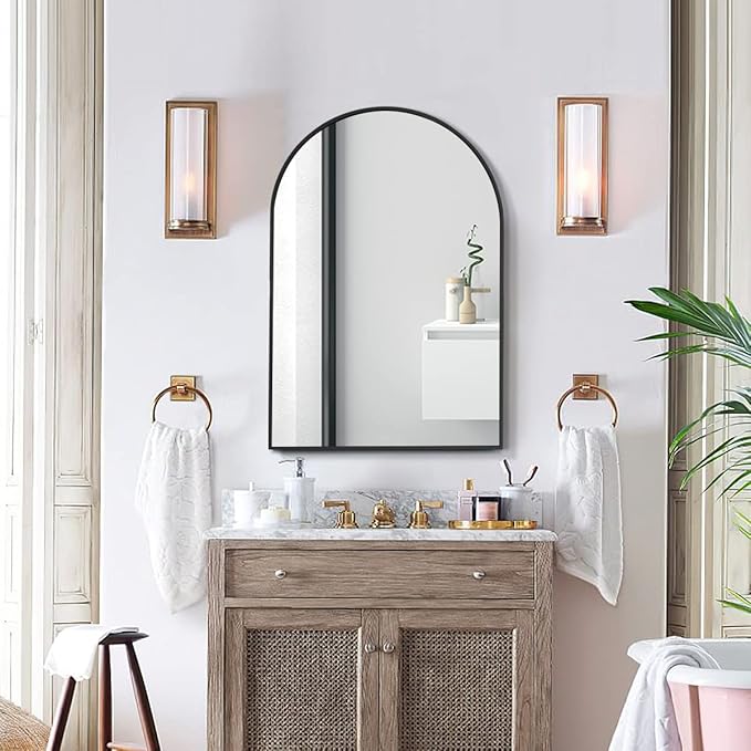 Arched Wall Mirror, Black Decorative Hanging Mirror, 30"x20" Vanity Mirror Brushed Aluminum Alloy Frame for Bathroom, Bedroom, Living Room, Entryway, Hang Vertical or Horizontal