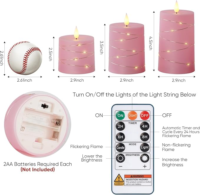 Raycare Easter Pink Flameless Candles with Remote Timer, Flickering Battery Operated LED Pillar Fake Candle with String Lights for Home Decor, Christmas, Wedding and Gift, Set of 3