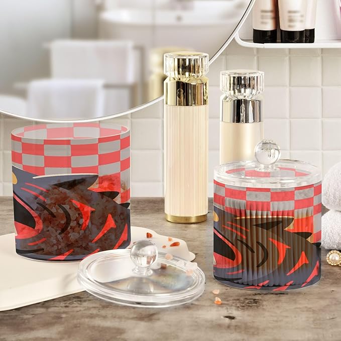 Red and Gray Checkered monsters Clear Plastic Makeup Organizer Storage with lid Pantry Essentials Decorative Dental floss storage jar for Cotton Swabs,Cotton Pads,Floss Picks,Paper Clips,Hair