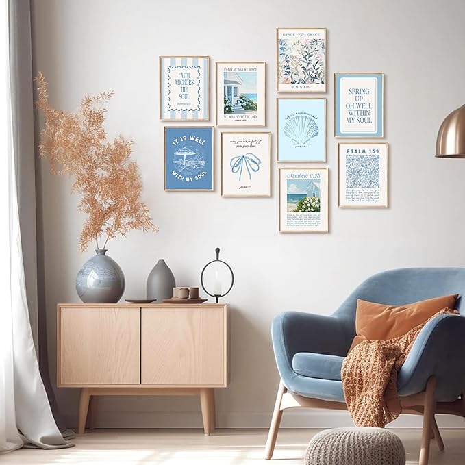 Christian Bible Verse Wall Art Blue Coastal Granddaughter Canvas Wall Decor Preppy Aesthetic Scripture Posters Religious Beach Pictures Floral Bow Prints for Living Room Bedroom 12x16x9 Inch Unframed