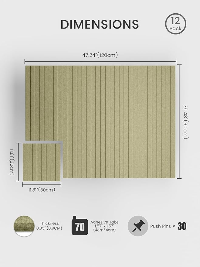 Bumusty Large Cork Board Alternative-48 x 36" Felt Bulletin Board Tiles, with 30 Pushpins, 70 Adhesive Tabs, Fine-Stripe 12-Pack, Cork Boards for Office Push Pin Board Felt Board-Olive Green