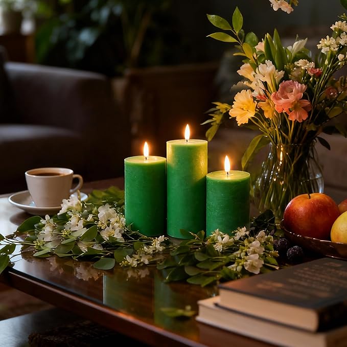 LUSHARBOR LUSHABOR Green Flameless Candles, Battery Operated Candles for St. Patrick’s Day, Real Wax LED Fake Candles for Spring Decor Party Centerpiece Green Set of 3