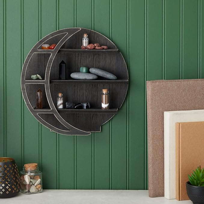 Farmlyn Creek Wooden Moon Shelf - Polished Gothic Wall Decor - Crystal Shelf Display & Essential Oil Organizer - Home Decor Accent - 12 x 12 x 3 in, Rustic Black