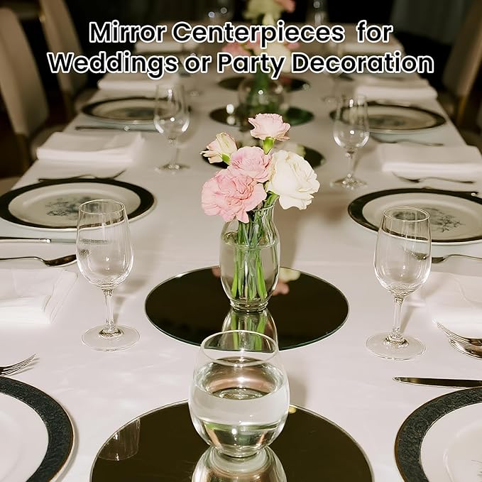 12" Round Mirror Centerpieces for Tables, 12Pcs Glass Mirror Trays for Wedding, Party, Christmas Decorations, Mirror Candle Plates with Polished Edges & Non-Slip Feet