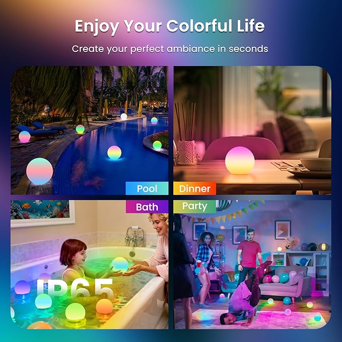 LOFTEK 3-inch Smart Sphere Night Light, Rechargeable LED Ball Lights, 16 RGB Color Change Mood Lighting, Waterproof Ambient Light for Home Bedroom Patio Pool Bathtub Decorative Lighting, 4 Pack