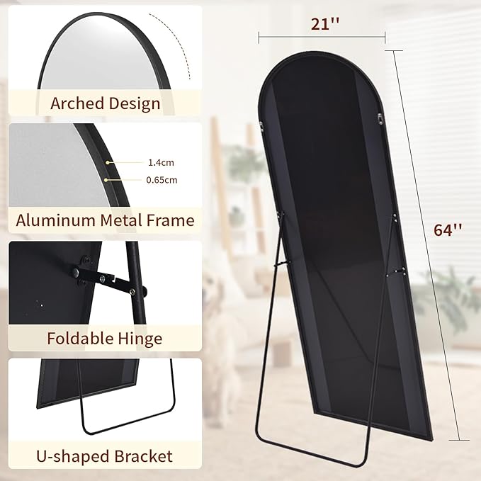 64"x21" Arched Mirror Full Length, Standing Floor Mirror, Wall Mounted Mirror with Aluminum Frame - for Standing, Leaning or Hanging, for Living Room Dressing Room, Black