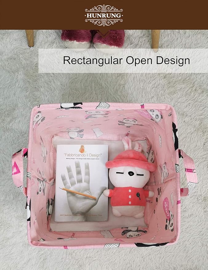 HUNRUNG Square Storage Bins Nursery Hamper Canvas Laundry Basket Foldable with Waterproof Nursery Boxes for Shelves/Gift Baskets/Toy Organizer/Office, Bedroom (Square-Pink-Book Panda)