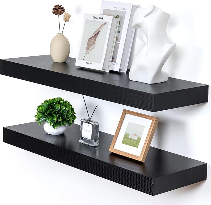 FLYJOE Deep Floating Shelves | 36 Inch Black Floating Shelves Set of 2 | 12 Inch Deep Rustic Wood Shelves for Wall | 36" W x 12" D Black Shelves for Living Room Bathroom Laundry Room Kitchen