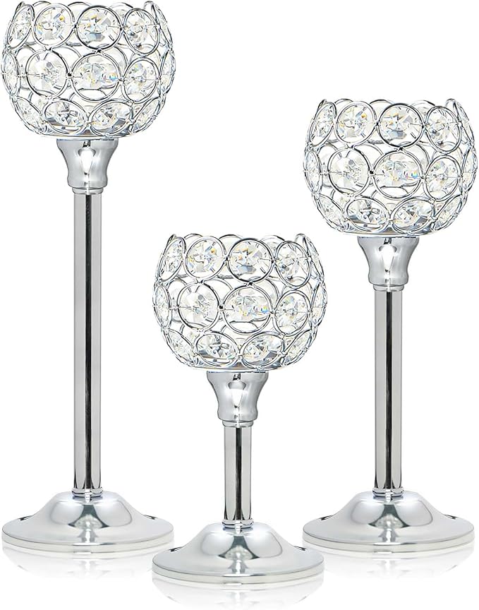 Set of 3 Silver Crystal Metal Tealight Candlestick, Bling Bowl Candelabras, Tall Votive Candle Holders Elegant Candle Centerpiece for Dining Table Wedding Decor