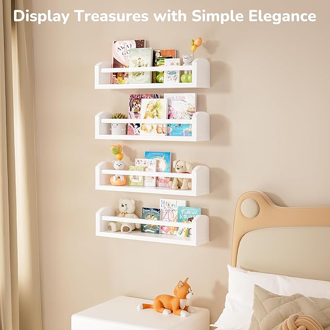 Nursery Book Shelves, 4 Pcs White Floating Shelves for Wall, 16.5 inch Solid Wood Scalloped Shelves, Wall Mounted Bookshelf for Toddler Room, Baby Room, Nursery Decor