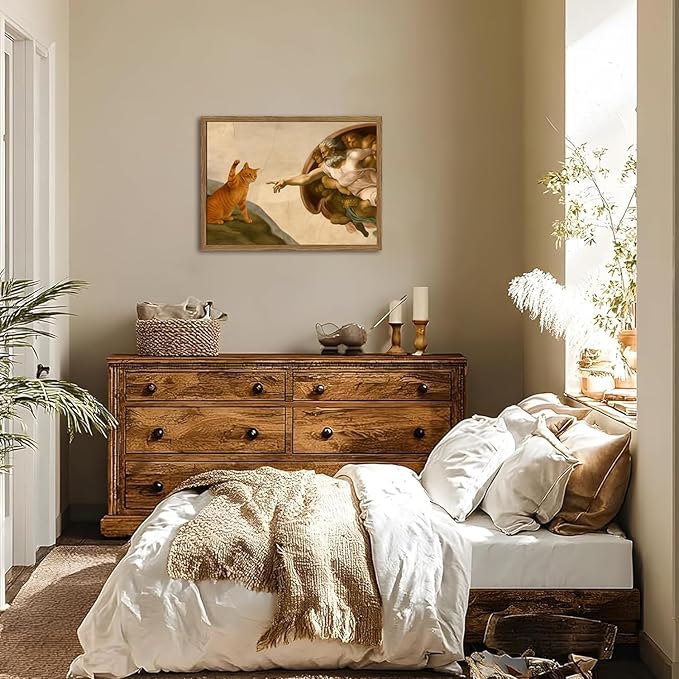 Funny Creation of Adam and Cat Wall Art, Whimsical Cat and God Wall Decor Painting Quirky Michelangelo and Animal Poster Canvas Print for Bedroom Living Room 12x16 inch Wood Framed