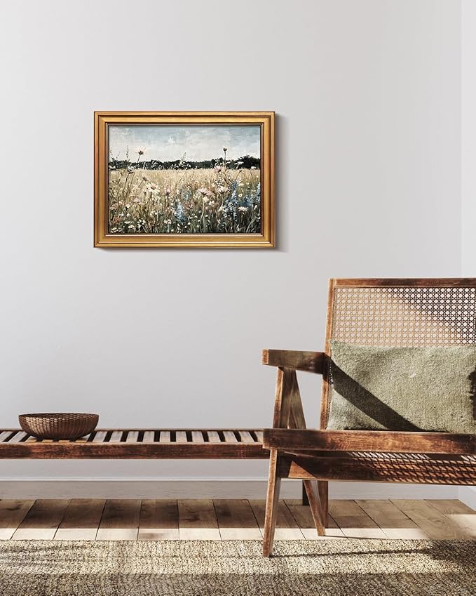 Bzstyleart Vintage Wall Art Decor for Living Room, Framed Landscape Wall Art Bedroom, Meadow with Flowers, Vintage Room Decor, Paintings for Bedroom, 12 x 16 Inch