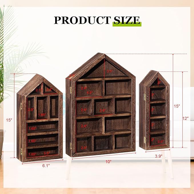 DoubleFill Set of 3 Wooden Trinket Display Shelf Shadow Box with Shelves 10 x 15 Inch Large Wall Mounted Display Storage Mini Figures Curio Trinket Medals Crafts Collections(Brown,House Shape)