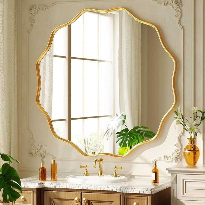 30 Inch Scalloped Round Wall Mirror, Gold Wavy Edge Frame Circle Mirror for Bathroom, Bedroom, Entryway, Living Room for Wall Decor