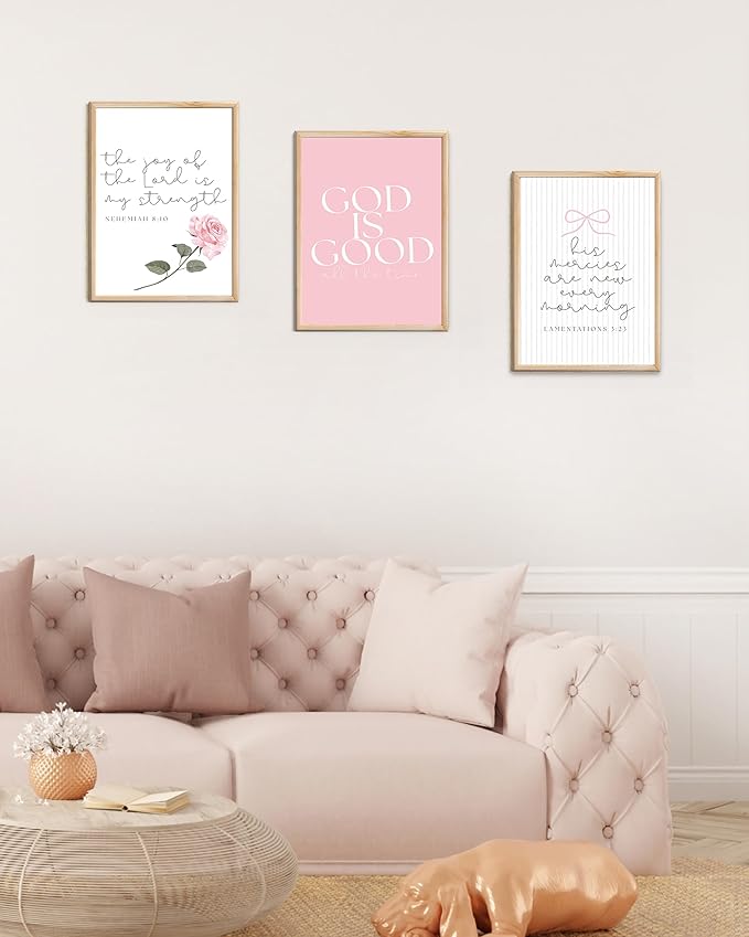 3Pcs Pink Christian Canvas Wall Art Coquette Bow Poster Print Aesthetic Picture Preppy Painting Wall Decor For Girls Bedroom Bathroom or Dorm 16x24in Unframed