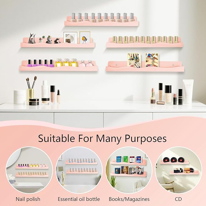 Nail Polish Wall Rack, 6-Shelf 15-Inch Light Pink Acrylic Nail Polish Shelves with Removable Ends – Multi-Purpose Shelf for Essential Oils, Cosmetics Storage and Display for Salons and Bathrooms