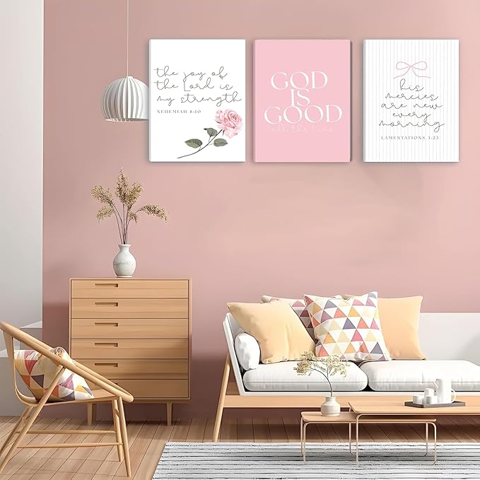 3Pcs Pink Christian Canvas Wall Art Coquette Bow Poster Print Aesthetic Picture Preppy Painting Wall Decor For Girls Bedroom Bathroom or Dorm 12x16in (Stretched Canvas On A Wooden Frame)