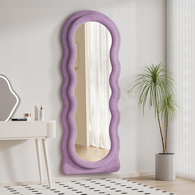 Dewfig Wavy Full Length Mirror with Stand, 63" x 24" Irregular Floor Mirror, Large Floor Length Mirror, Freestanding/Leaning/Wall Mounted, Flannel Wrapped Wooden Frame for Bedroom/Living Room, Purple