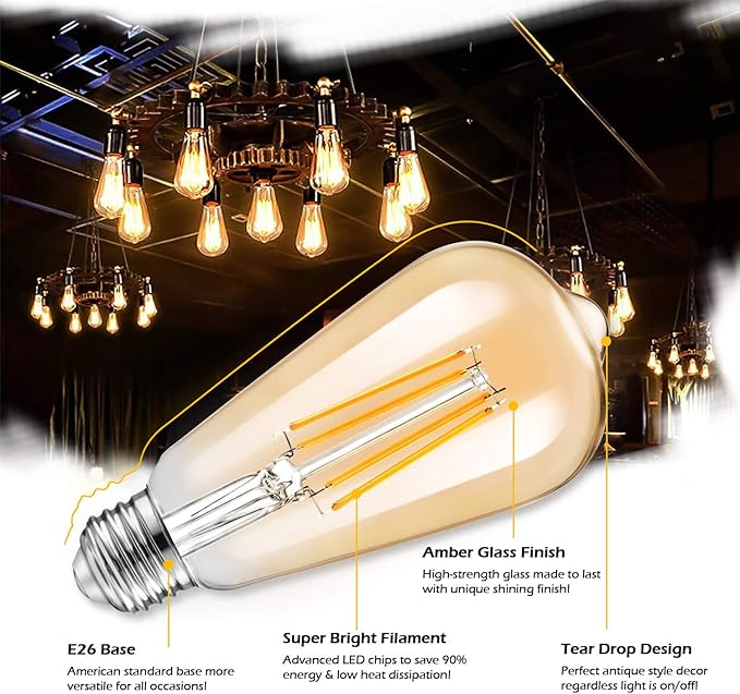 TOBUSA Dimmable LED Edison Light Bulbs 100W Incandescent Equivalent, Vintage Light Bulb 2700K Warm White(Amber Glass), ST64/ST21 LED Filament Bulbs 8W 1200LM, E26 Edison Bulb for Home, Reading 4-Pack