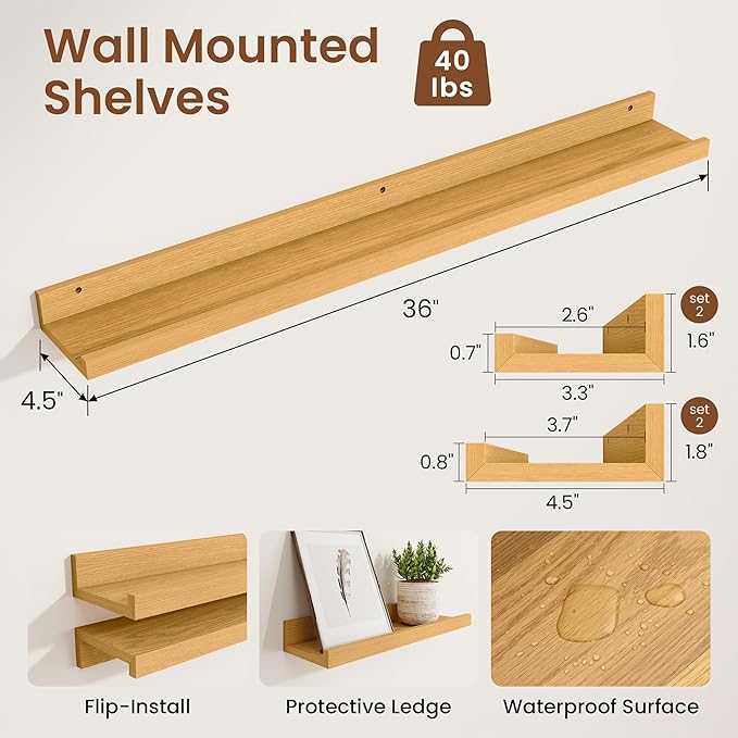 Heimlove Picture Ledge Shelf,36 inch Long Floating Shelves for Wall Set of 4,Picture Shelf with Lip for Wall Decor,Living Room,Bedroom,Bookshelf,Nursery,Perfume,Oak Color