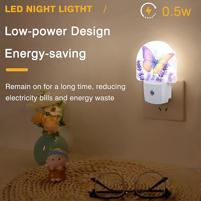 Night Lights Plug into Wall Butterfly on Lavender Flower Night Light Dusk to Dawn Smart Sensor Decorative Round Led Lamp for Bedroom Kitchen Hallway Nightlight for Women Men